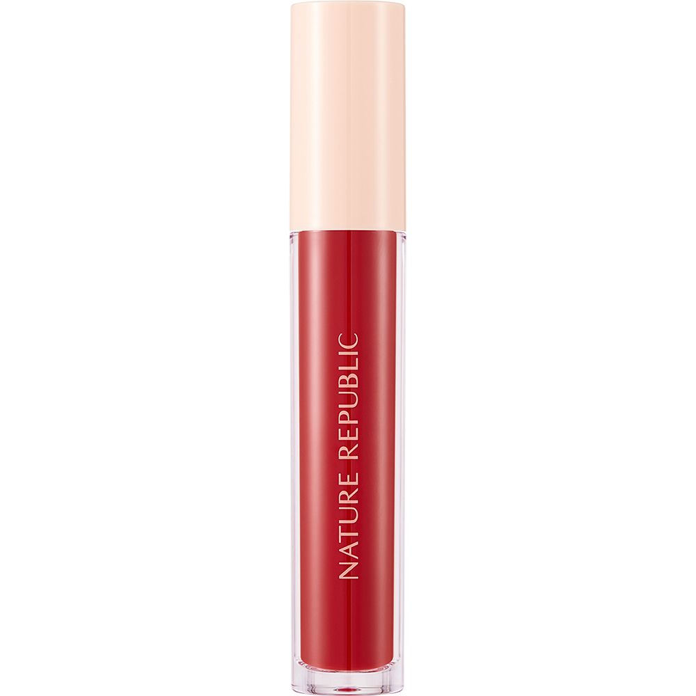 Roter Lip Tint mit beigem Deckel. Aufschrift NATURE REPUBLIC. Transparente Hülle.