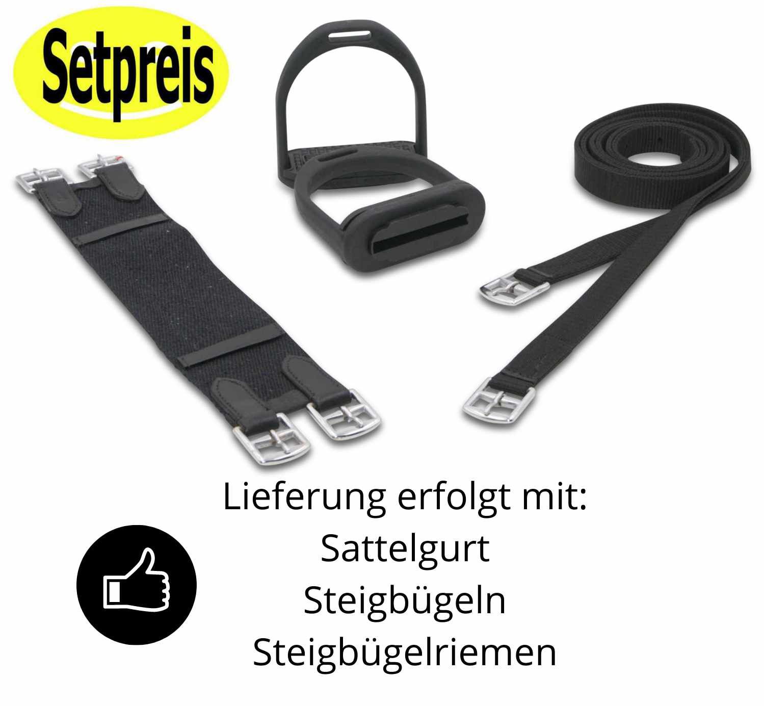 Zubehör-Set: Sattelgurt, Steigbügel, Steigbügelriemen. Gelber Aufkleber mit 'Setpreis'. Text: Lieferung erfolgt mit...