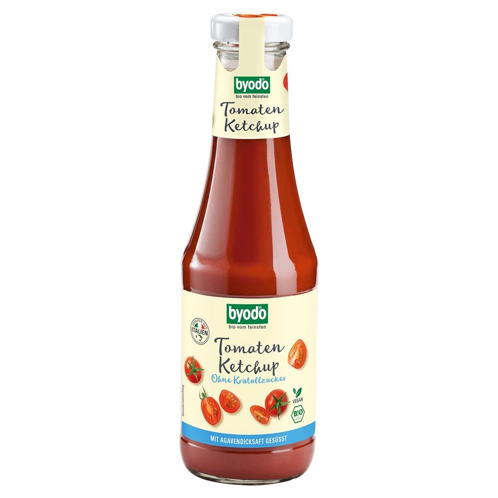Byodo Tomaten Ketchup ohne Kristallzucker in Glasflasche. Bio-Siegel und vegan-Logo sichtbar.