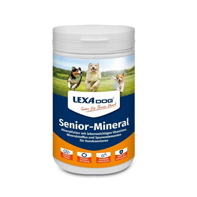 Weißes LEXA DOG Senior-Mineral-Behälter mit Deckel. Etikett mit Hunden, Produktname und Logos.