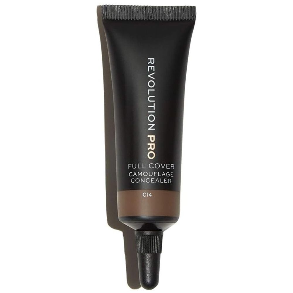 Schwarze Tube mit Aufschrift Revolution Pro, Full Cover Camouflage Concealer. Farbton C14.