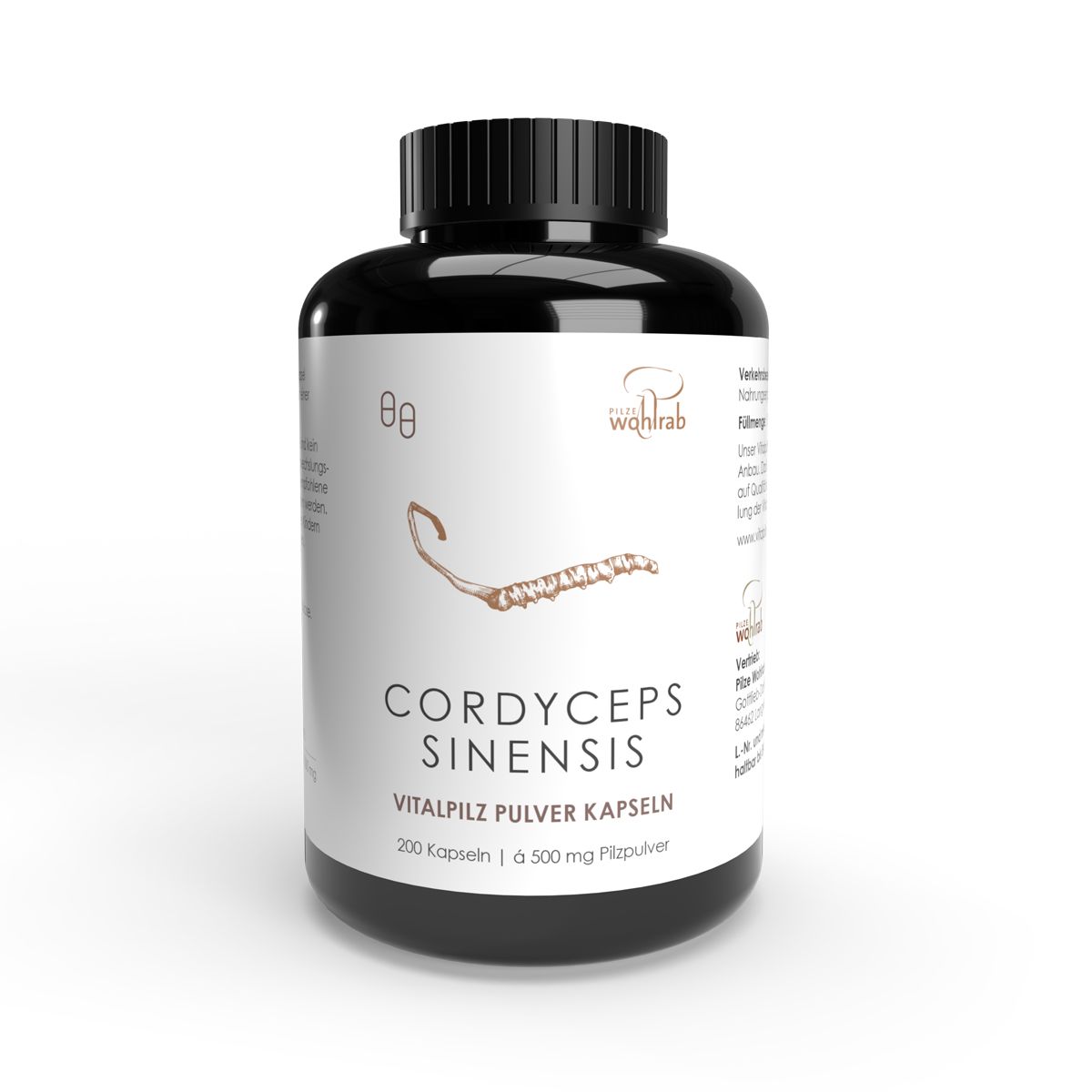 Schwarze Flasche mit Aufschrift Cordyceps Sinensis. Auf der Flasche sind weitere Informationen abgebildet. Zwei braune Kapseln liegen daneben.
