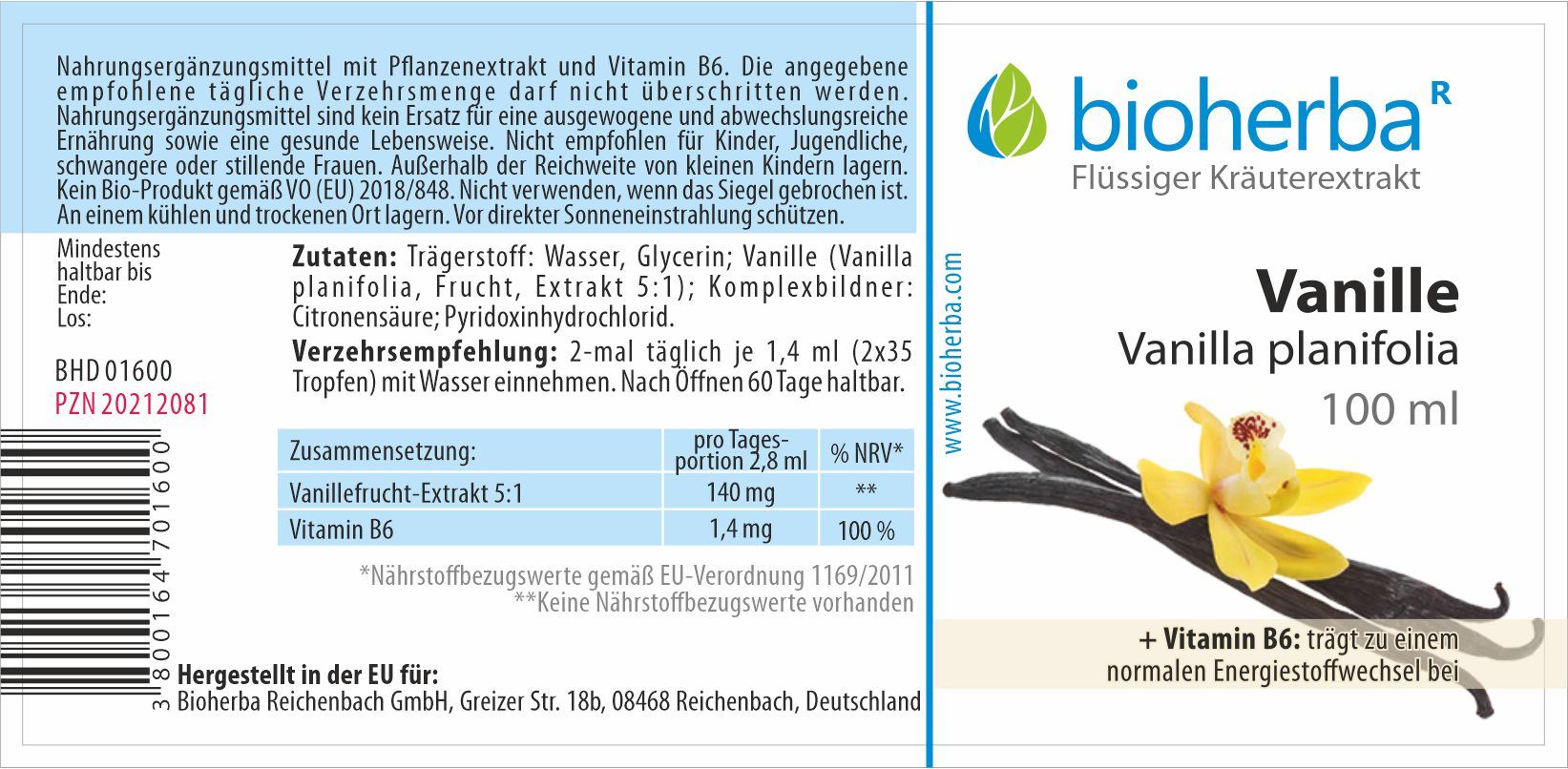 Etikett mit Produktinformationen. Bioherba Vanille planifolia Tinktur, 100 ml. Enthält Vanille, Vitamin B6. Text in deutscher Sprache.
