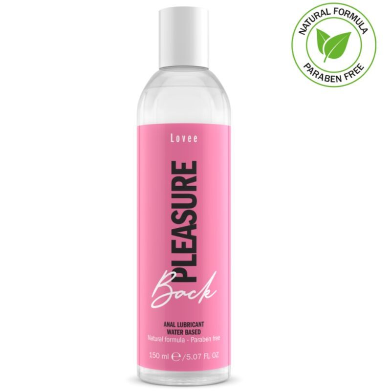 Transparente Flasche mit rosa Etikett. Aufschrift "PLEASURE Back". Enthält 150 ml. Anal-Gleitmittel, wasserbasiert. Marke: Lovee. Siegel: Naturformel, parabenfrei.