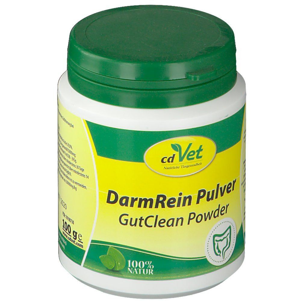 Weiße Dose mit grünem Deckel. Aufschrift 'cdVet DarmRein Pulver'. Logo und Text in deutscher Sprache.