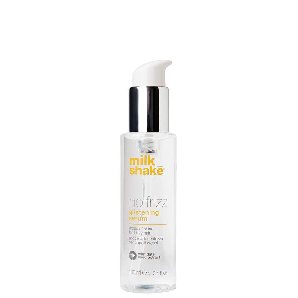 Serumflasche mit Pumpverschluss. Aufschrift: milk_shake no frizz glistening serum. Klare Flüssigkeit sichtbar.