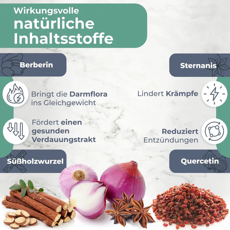 Verschiedene Zutaten: Süßholzwurzel, Zwiebeln, Sternanis, Quercetin. Text: Darmflora, Verdauungstrakt, Entzündungen.