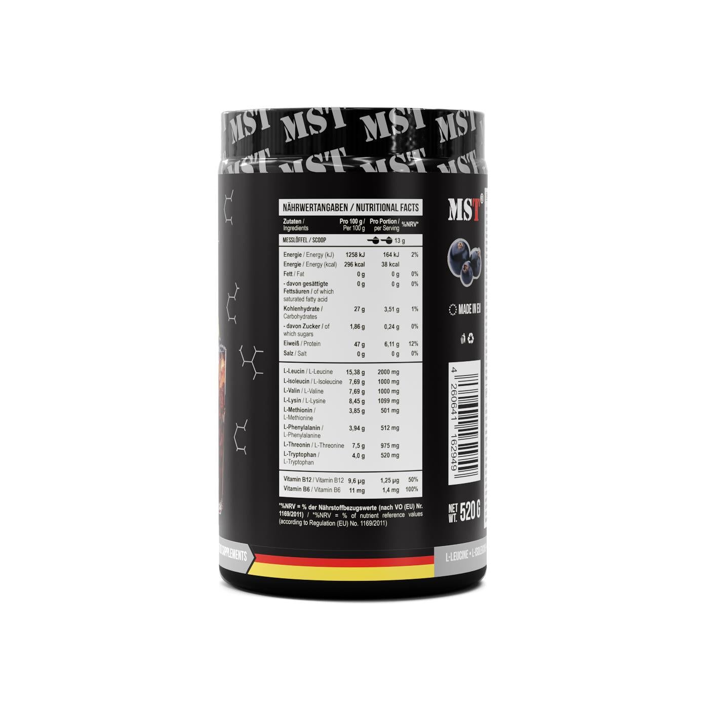 Schwarzer Behälter mit Nährwertangaben und Aminosäureprofil. Beinhaltet 520g.
