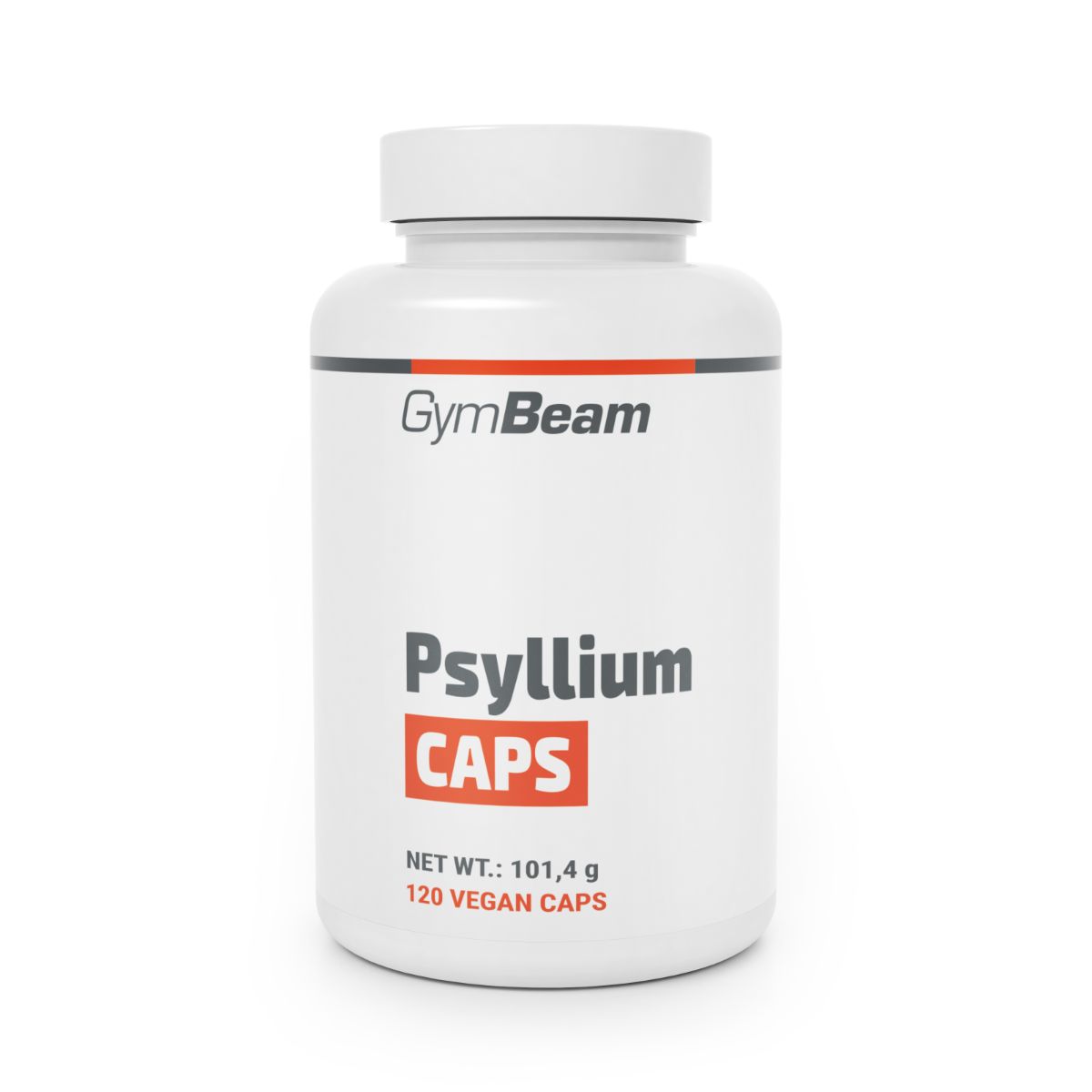 GymBeam Psyllium Caps: Weiße Dose mit rotem und grauem Etikett. Enthält 120 vegane Kapseln.