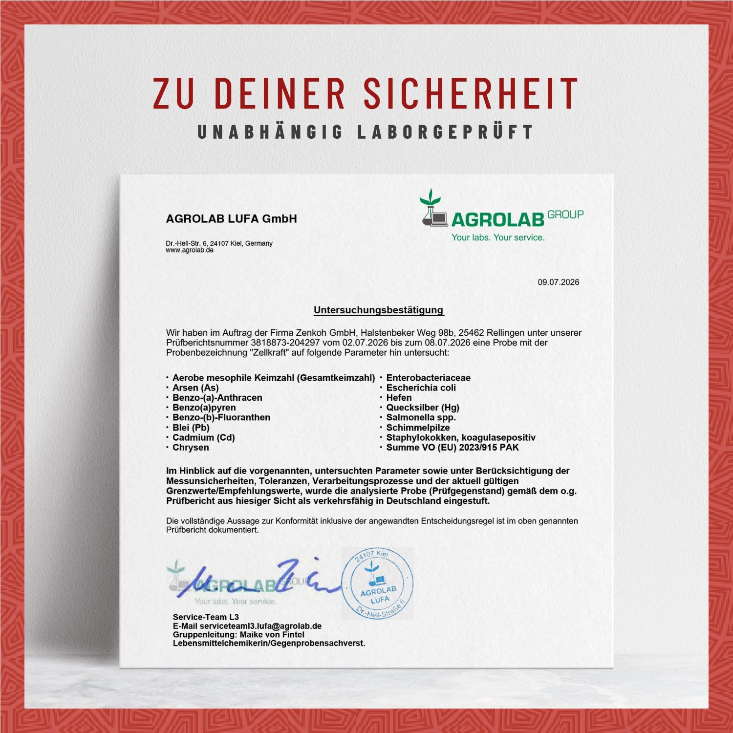 Laborprüfbericht für Vitamin B12 Presslinge, unabhängig geprüft, AGROLAB GROUP.