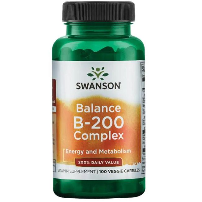 Grüne Flasche mit schwarzem Deckel. Aufkleber mit Produktnamen: SWANSON Balance B-200 Komplex. Enthält 100 Kapseln.