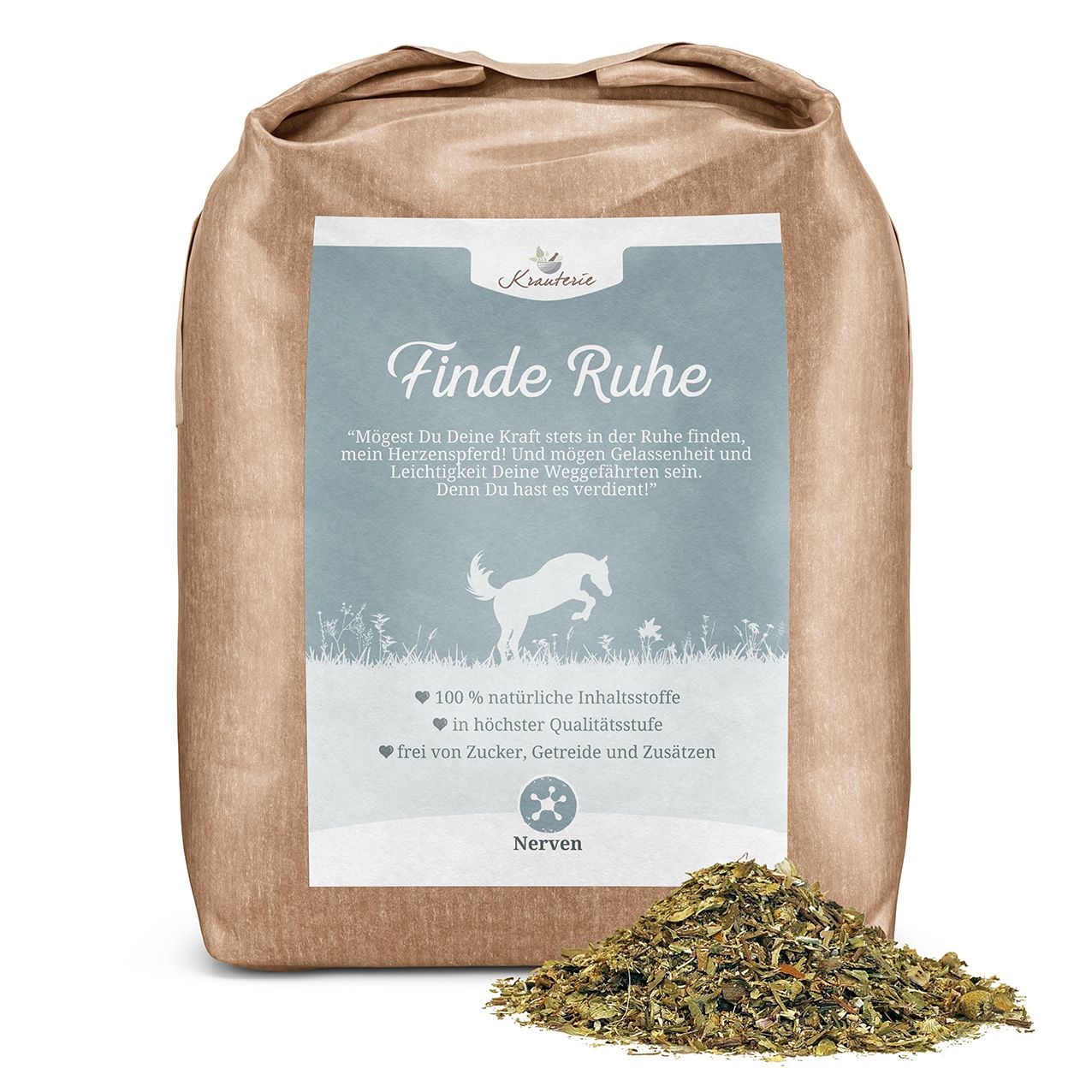 Papiertüte mit Aufdruck und Kräutermischung. Text: Finde Ruhe, Krauterie, Nerven.