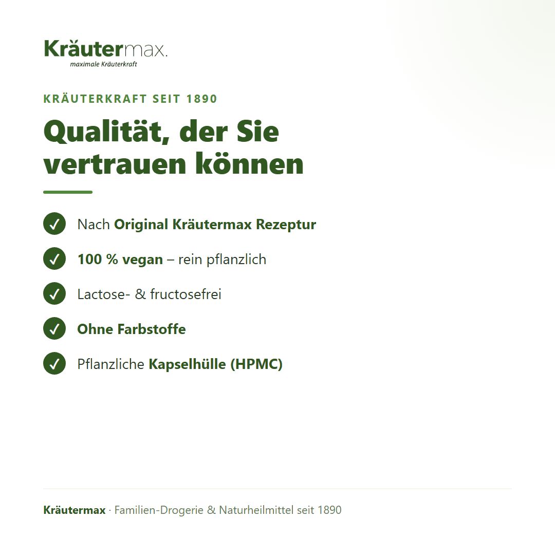 Liste mit Qualitätsmerkmalen von Kräutermax: Nach Originalrezept, 100% vegan, laktosefrei, ohne Farbstoffe.