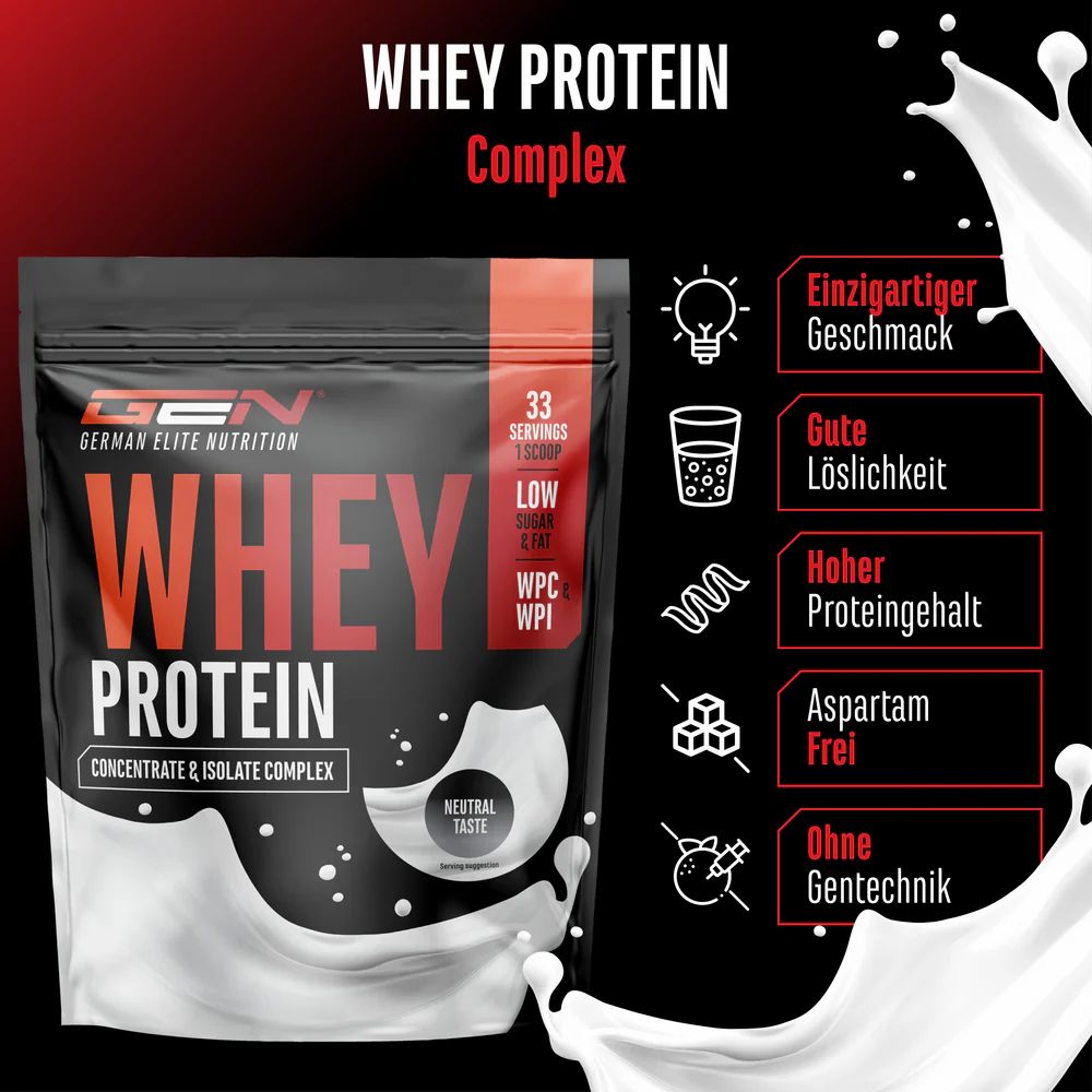 GEN Whey Protein Komplex-Verpackung. Schwarzer Beutel mit Text: 33 Portionen, WPC & WPI, einzigartiger Geschmack, gute Löslichkeit, hoher Proteingehalt.