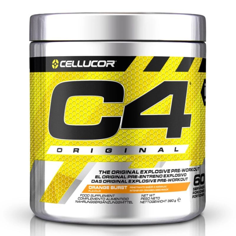 Metallbehälter mit gelbem Etikett. Schwarzer Schriftzug C4, darunter "Orange Burst". Marke Cellucor.