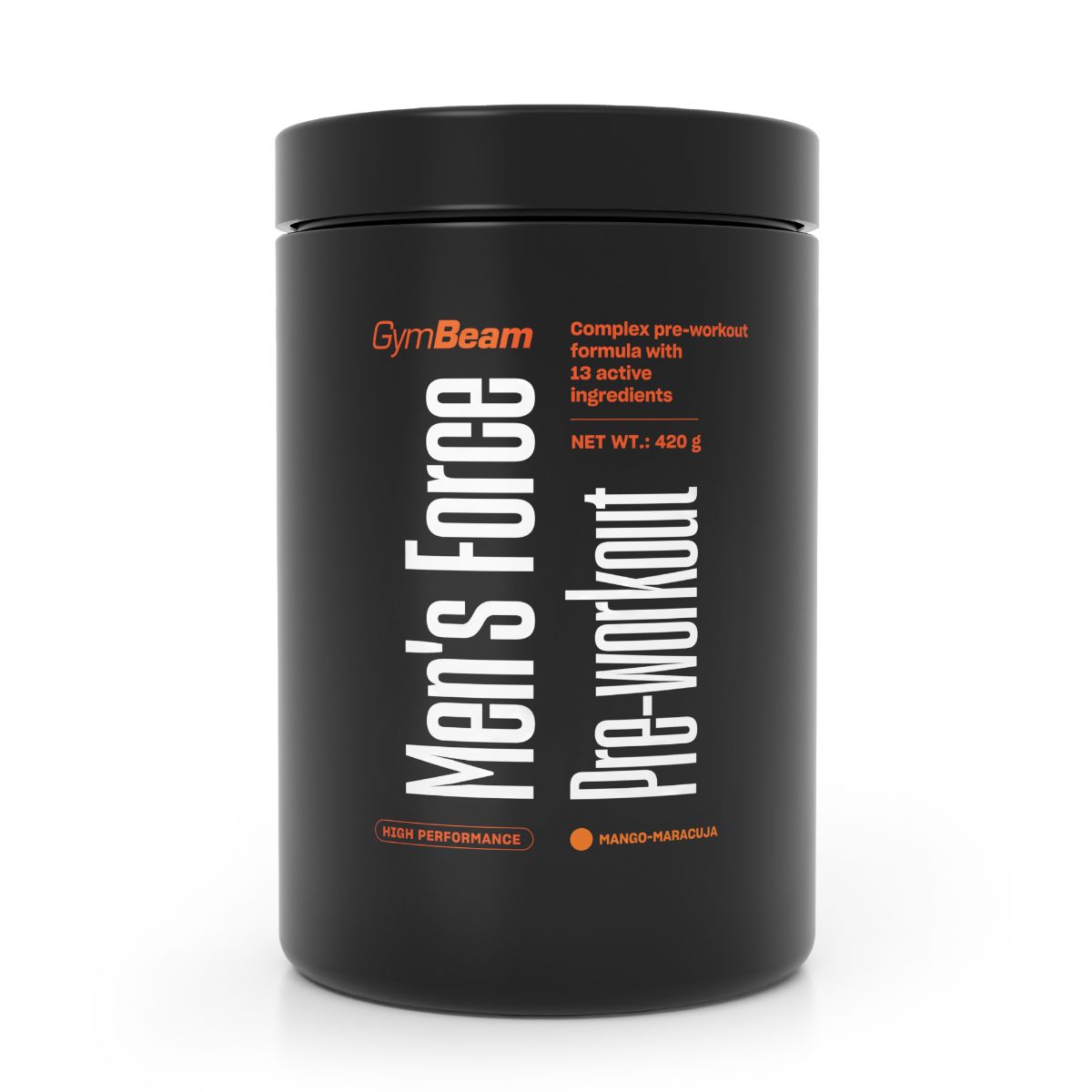 Schwarzer Behälter mit GymBeam Men's Force Pre-Workout Pulver, Mango-Maracuja Geschmack.