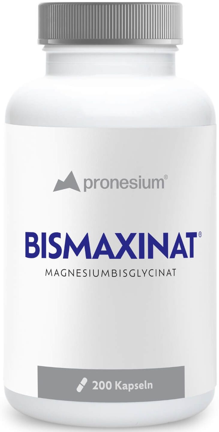 Weiße Flasche mit Kapseln. Aufschrift: BISMAXINAT, Magnesiumbisglycinat. 200 Kapseln.