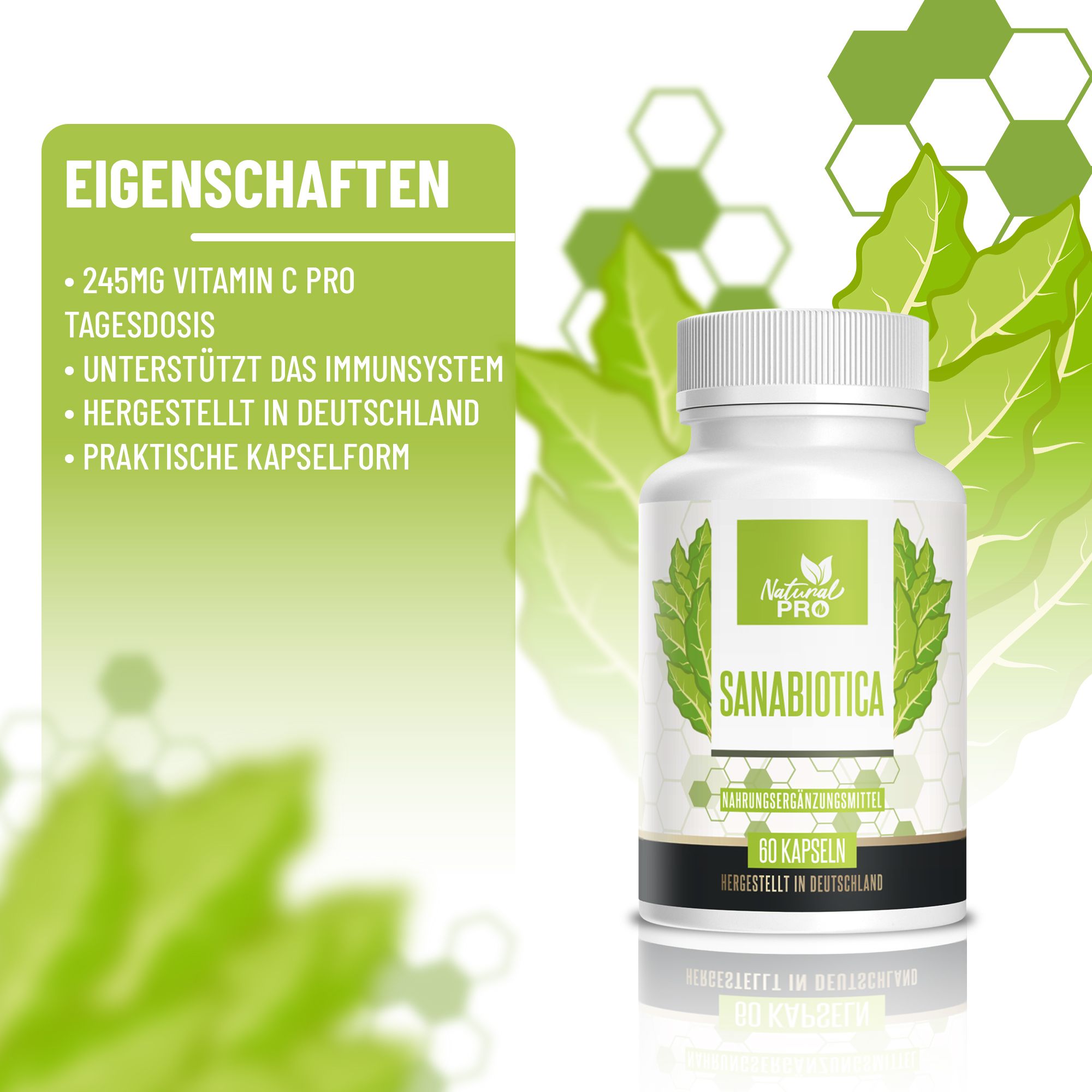 Flasche mit Natural PRO, SANABIOTICA. Eigenschaften: Vitamin C, unterstützt Immunsystem, Kapselform.