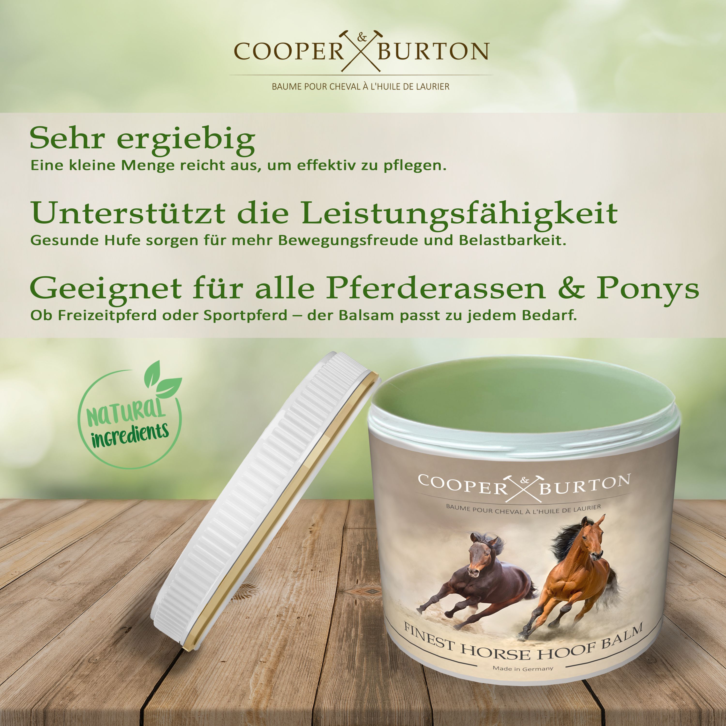 Produkt mit Deckel. Logo: COOPER & BURTON. Natürliche Inhaltsstoffe. Holzuntergrund.