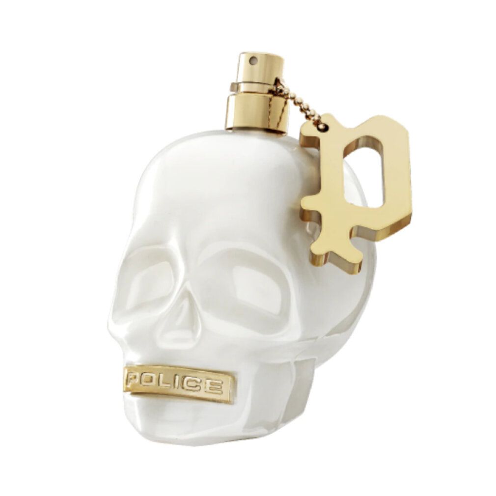 Weißer Flakon in Schädelform mit goldfarbenem Verschluss und Anhänger. Aufschrift: POLICE.