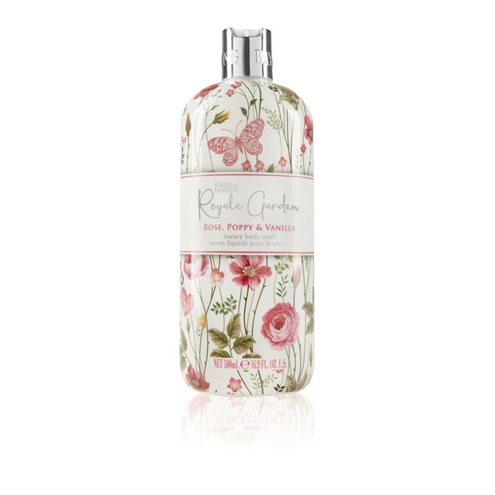 Körperwaschmittel-Flasche mit floralem Muster. Aufschrift: Royale Garden, Rose, Mohn & Vanille. Silberner Verschluss.
