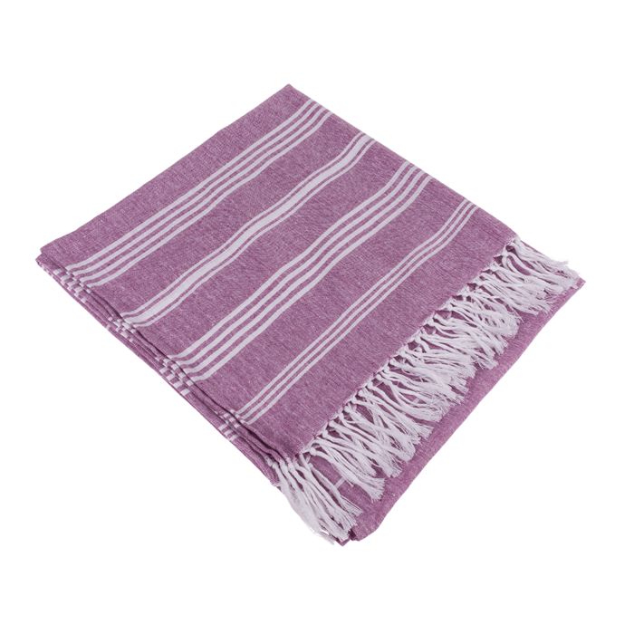 Gefaltetes Fouta-Hamamtuch, lila mit weißen Streifen und Fransen.