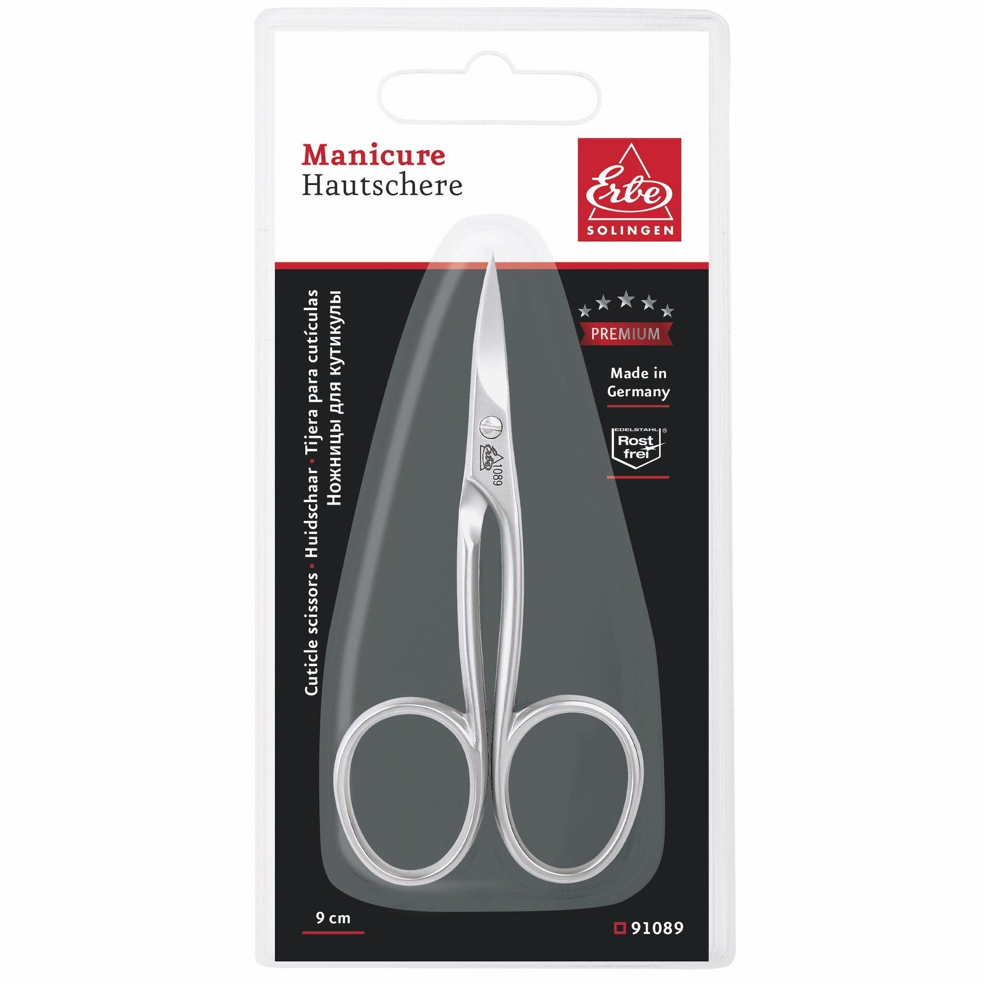 Hautschere in Blisterverpackung. Marke ERBE Solingen. Premium-Qualität. 9 cm lang. Aufschrift: Cuticle scissors.