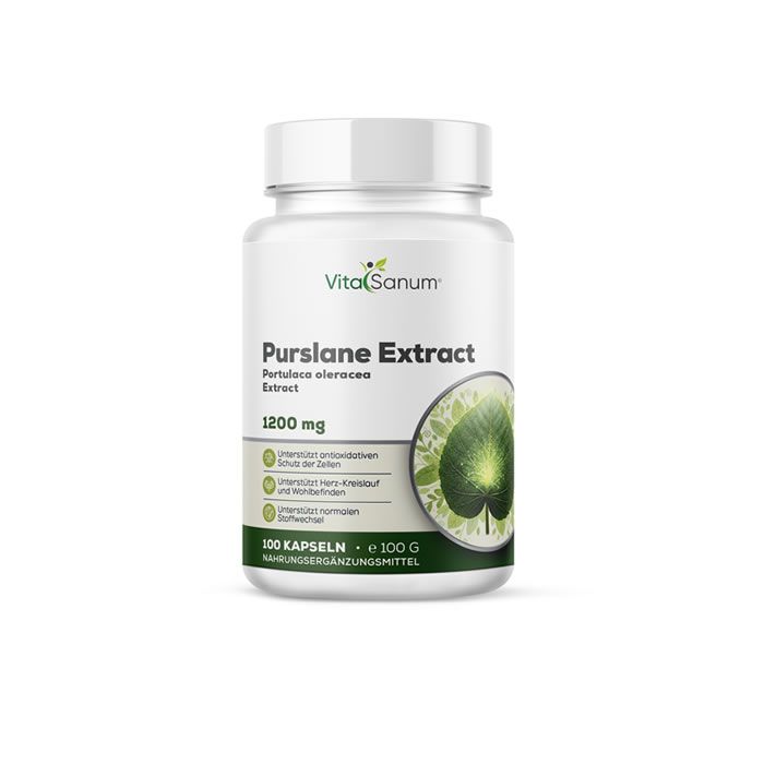 Weiße Flasche mit VitaSanum®-Etikett. Aufschrift: Purslane Extract, 1200 mg. Abbildung von Portulaca oleracea. 100 Kapseln.