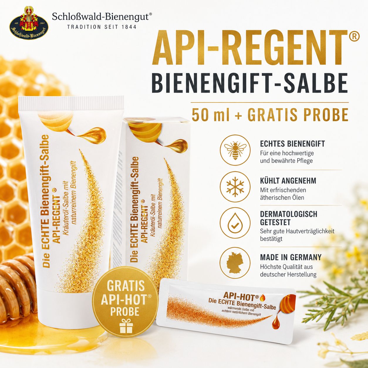 Zwei Tuben und eine Faltschachtel API-REGENT Bienengift-Salbe, 50 ml, mit Gratis Probe. Goldener Honig und Bienenwaben im Hintergrund.
