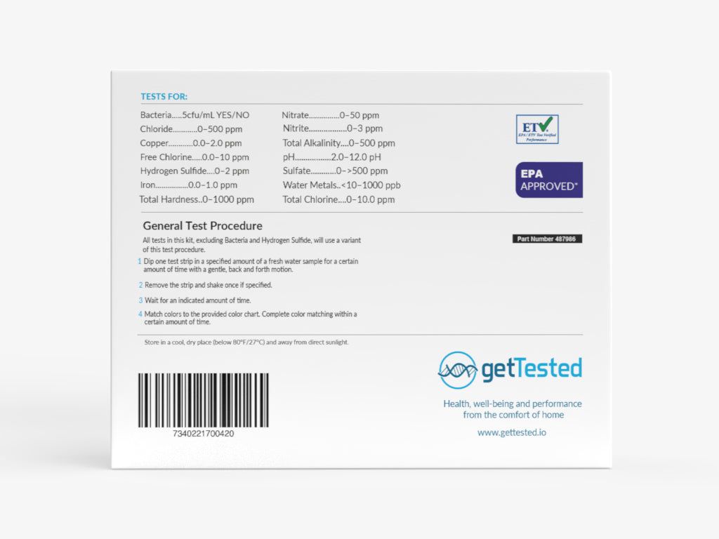 GetTested-Testpackung. Rückseite mit Testergebnissen, allgemeinem Testverfahren, Barcode und Logo. EPA- und ETV-Zertifizierung.