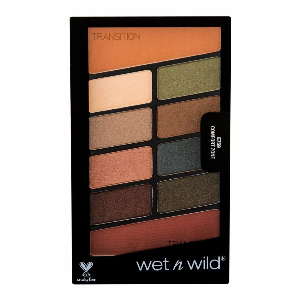 Schwarze Lidschattenpalette mit 10 Farben. Enthält Farbtöne von Beige bis Braun und Grün. Marke: wet n wild. Mit Cruelty-Free-Logo.