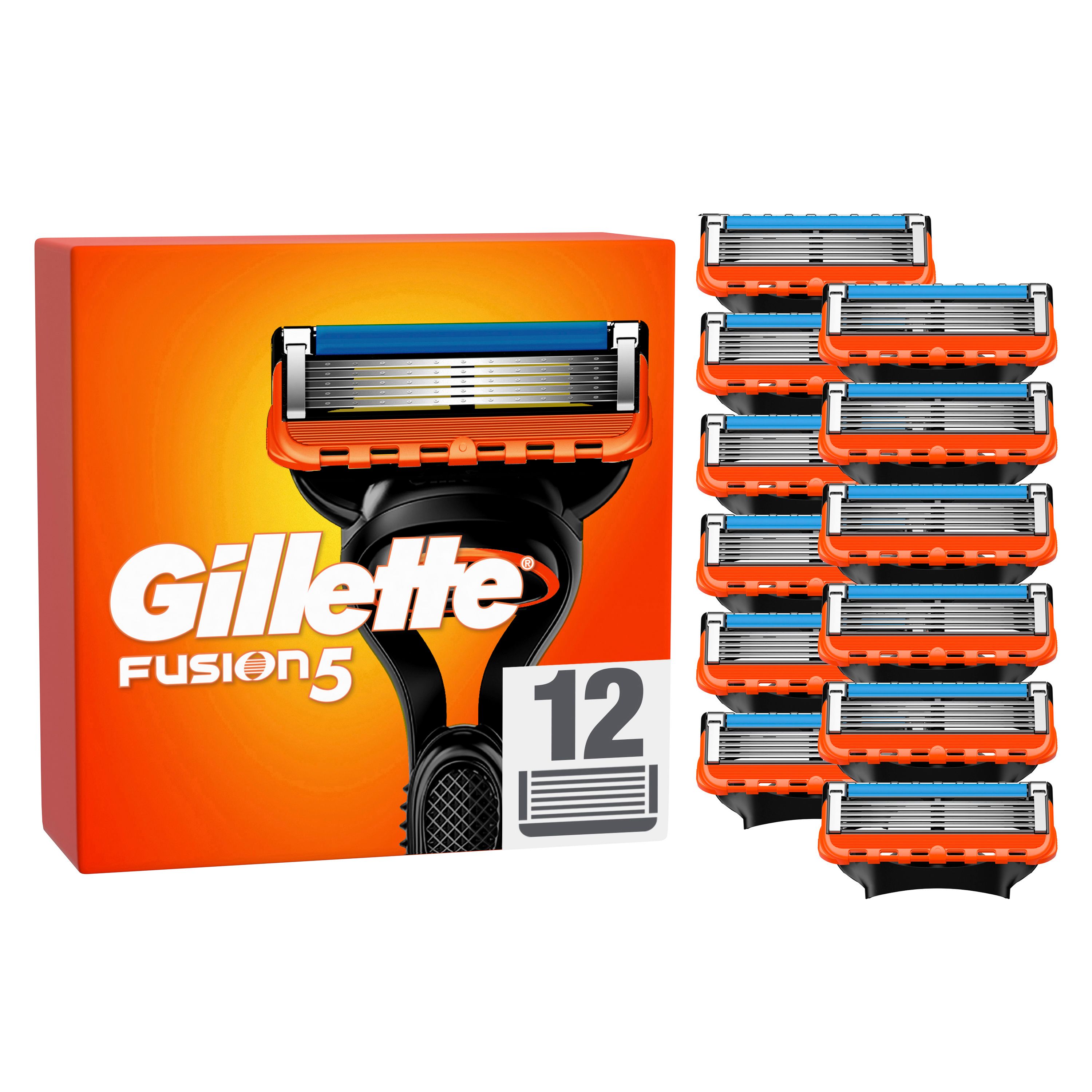 Gillette Fusion 5 Rasierklingen. Packung und Rasierklingen. 12 Ersatzklingen. Orange und Schwarz.