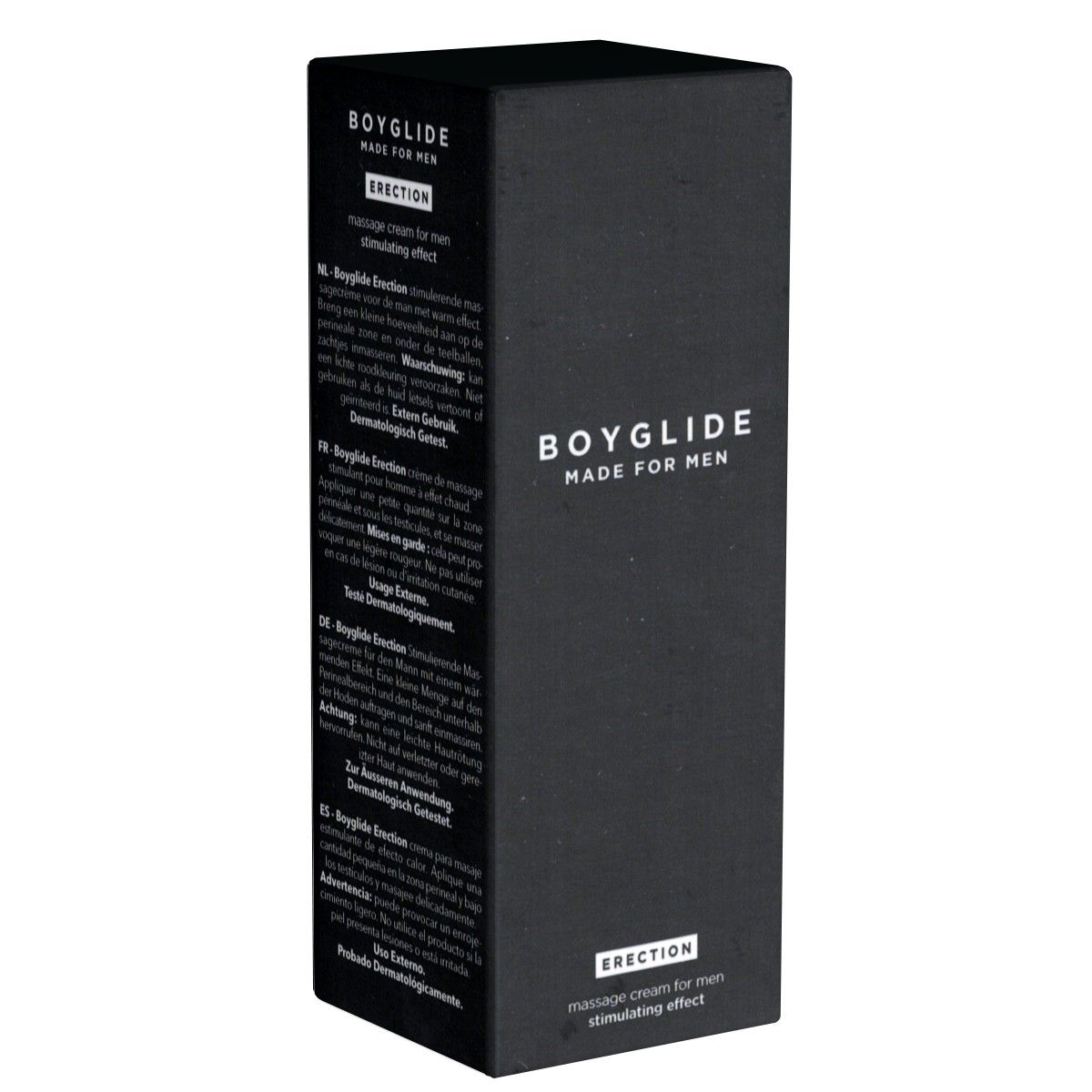 Schwarze Verpackung mit weißem Schriftzug BOYGLIDE MADE FOR MEN. Text: ERECTION, Massagecreme für Männer, stimulierende Wirkung. Dermatologisch getestet.