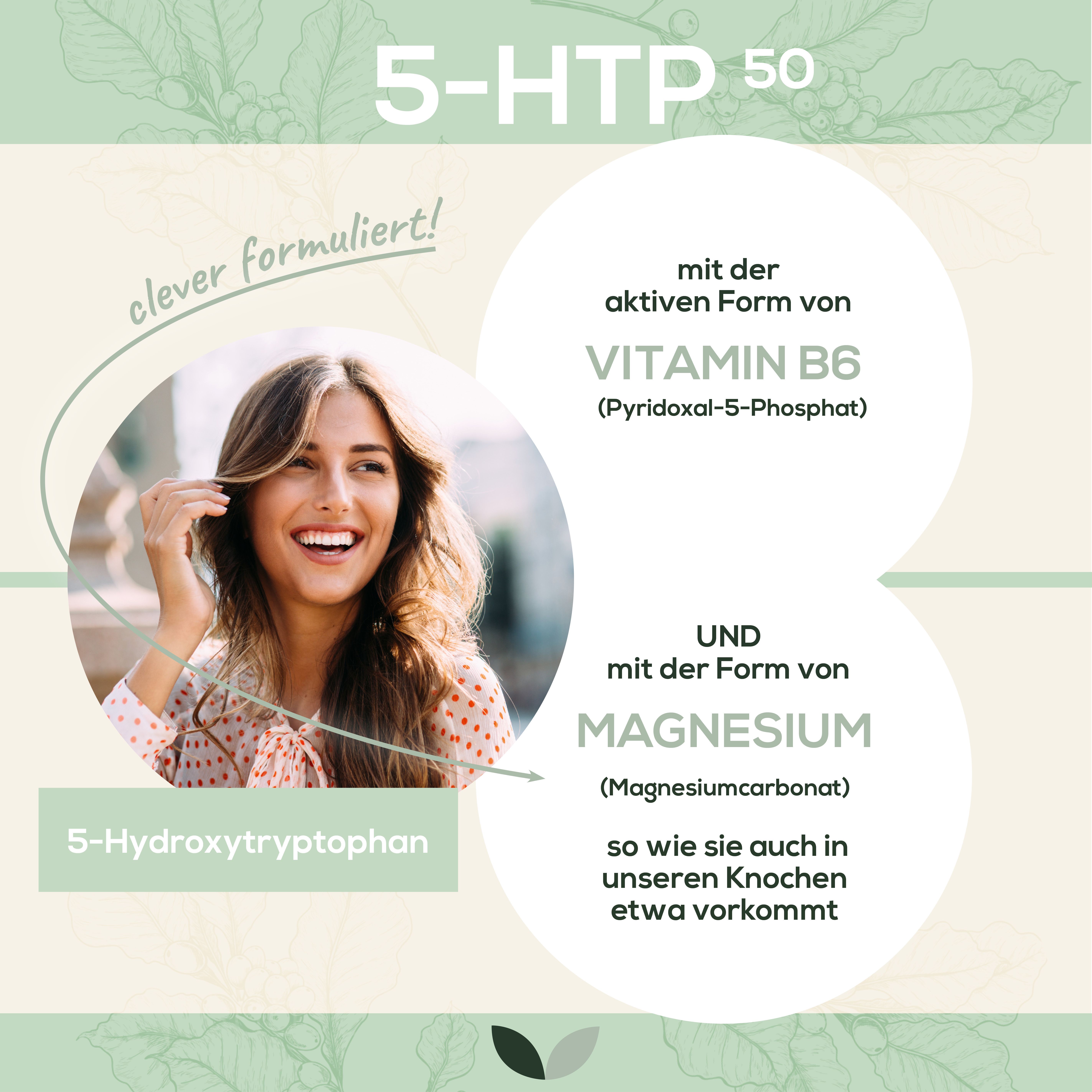 Grafik mit Frau und Inhaltsstoffen: Vitamin B6, Magnesium. Dose '5-HTP 50'. Text: 'clever formuliert!' und '5-Hydroxytryptophan'.