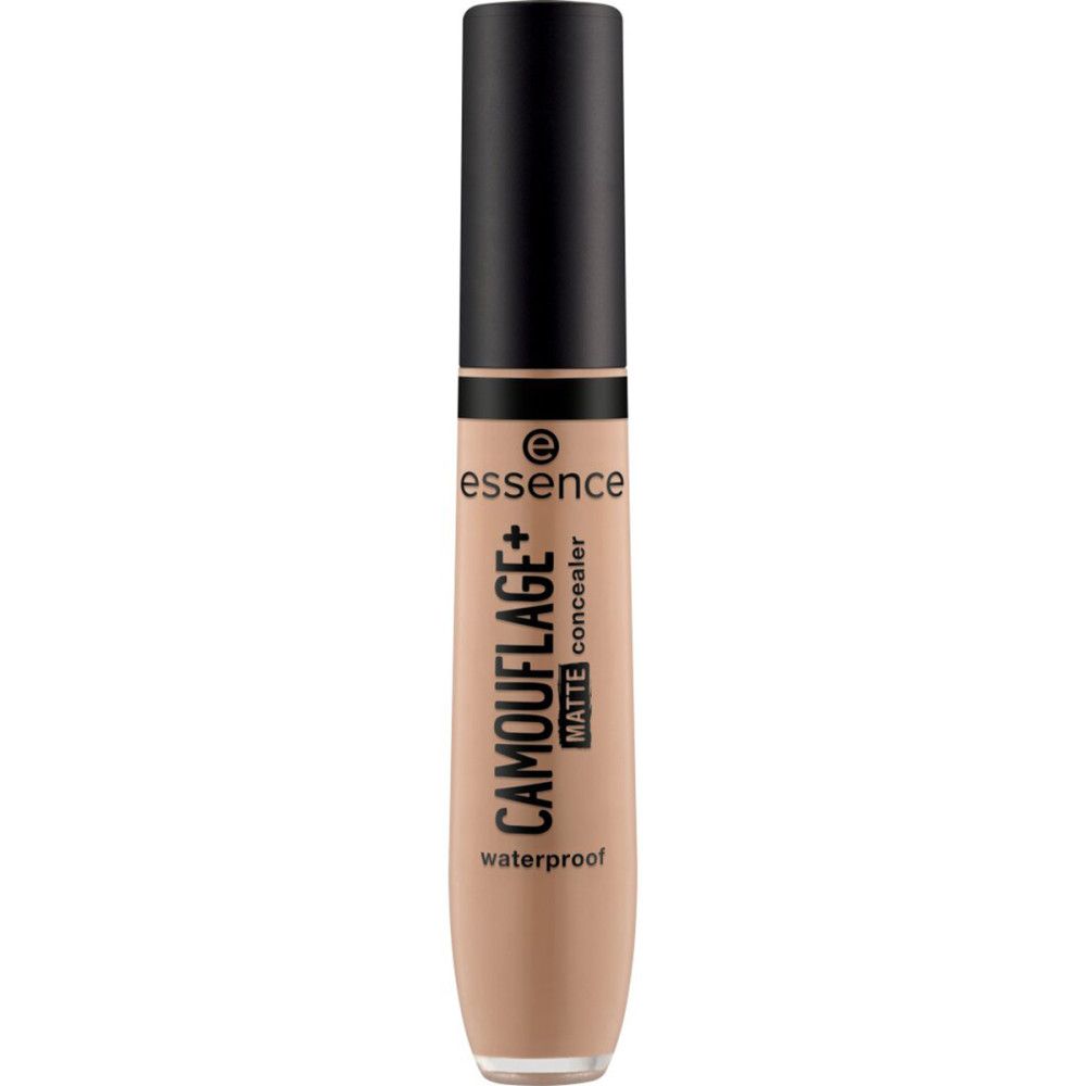 Beige Concealer-Tube mit schwarzem Deckel. Aufschrift: CAMOUFLAGE+ matte concealer waterproof. Marke: essence.
