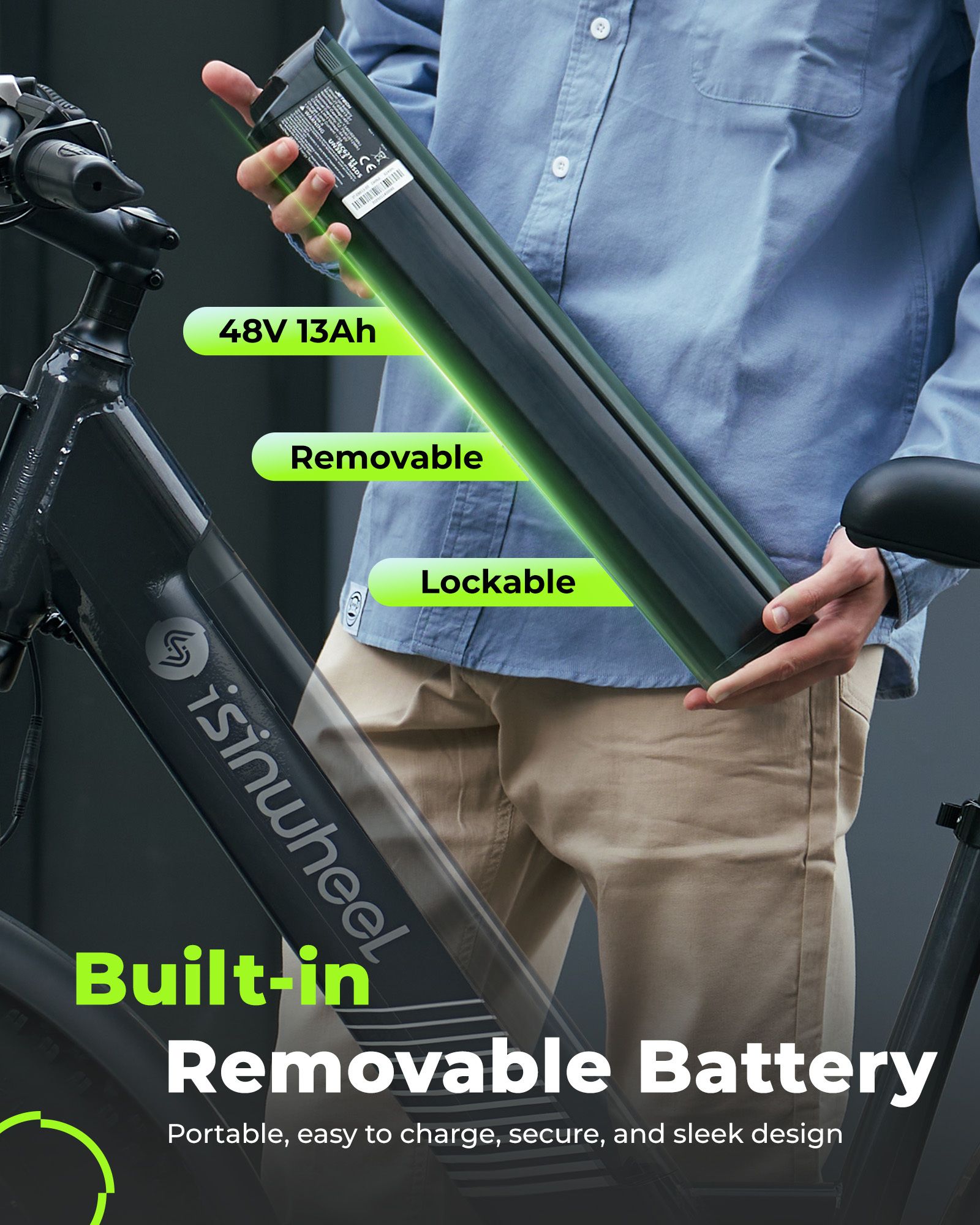 Person hält eine herausnehmbare 48V 13Ah Batterie. Text: Built-in Removable Battery, Removable, Lockable.