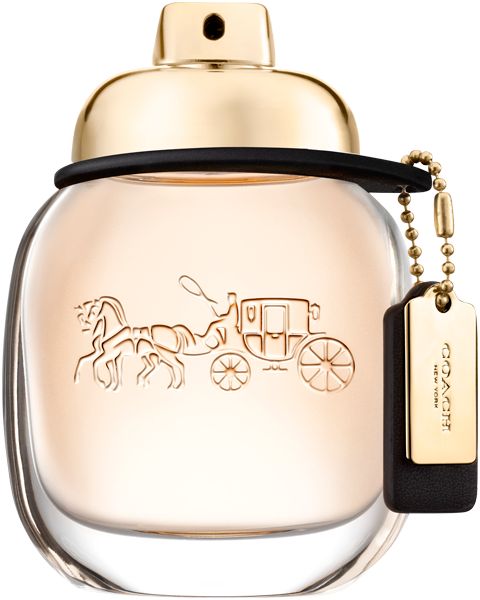 Parfümflakon mit goldfarbenem Verschluss und Anhänger. Coach-Logo und Kutschen-Motiv auf dem Glas.