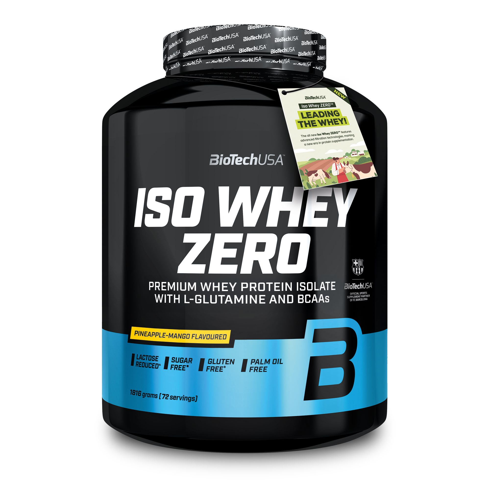 Schwarze Dose BioTechUSA Iso Whey Zero mit blauem Etikett. Aufschrift: ISO WHEY ZERO, Ananas-Mango-Geschmack. Mit Logos für laktosefrei, zuckerfrei, glutenfrei, palmölfrei.