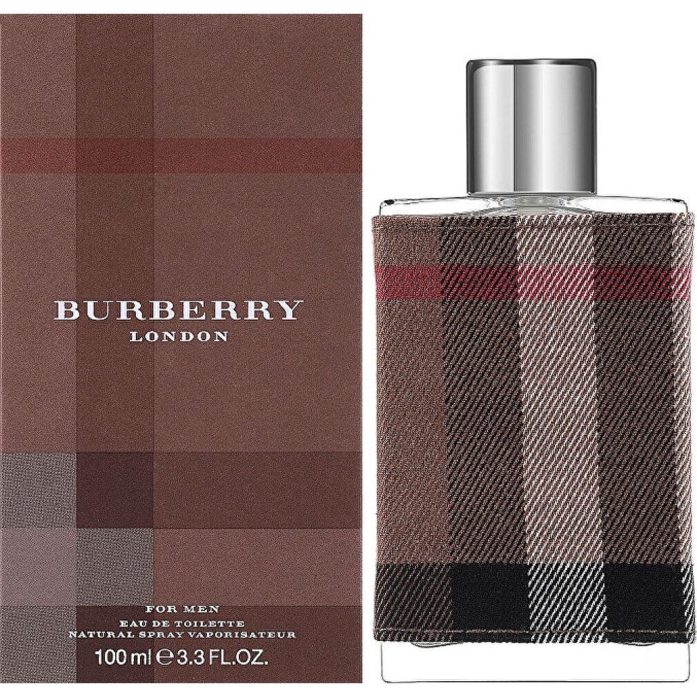 Burberry London Eau de Toilette für Herren. Flakon und Verpackung mit Karomuster. Produktname und Details sind sichtbar.