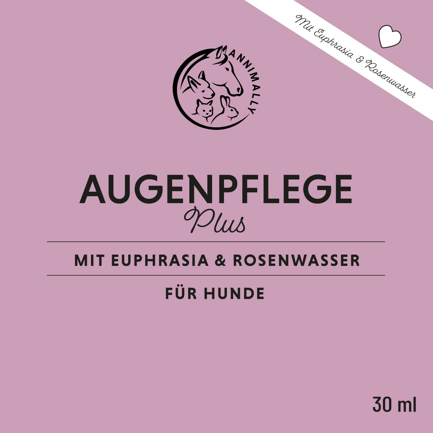 Rosa Etikett mit Produktnamen, Logo und Text. Enthält "Augenpflege Plus", "Mit Euphrasia & Rosenwasser" und "Für Hunde".