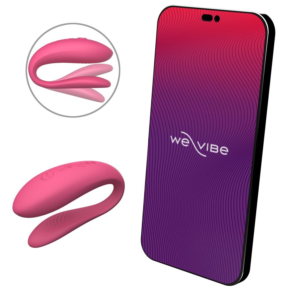 Rosa Vibrator neben Smartphone. Smartphone mit We-Vibe Logo. Zusätzliche Vibrator-Darstellung.