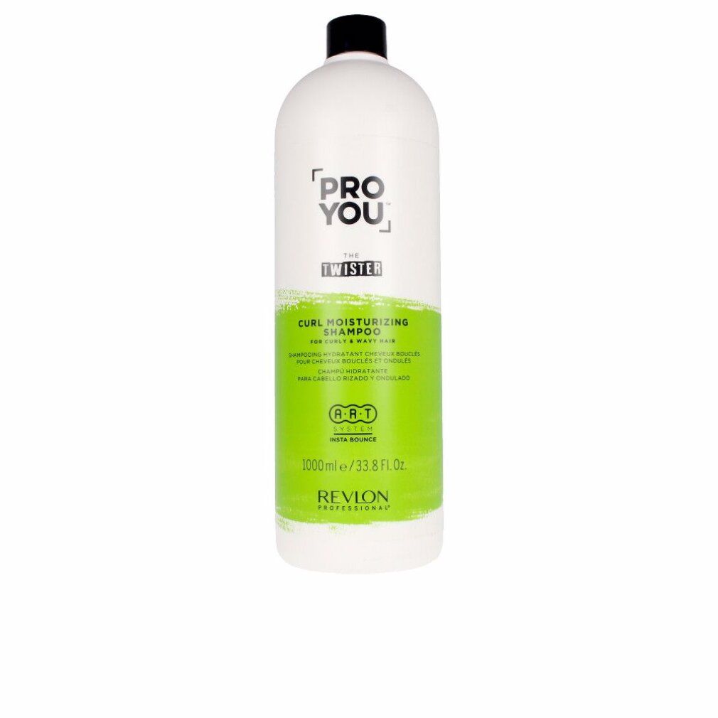 Weiße Flasche mit schwarzem Deckel. Aufschrift: Pro You The Twister. Grüner Bereich mit Text. Revlon Professional.