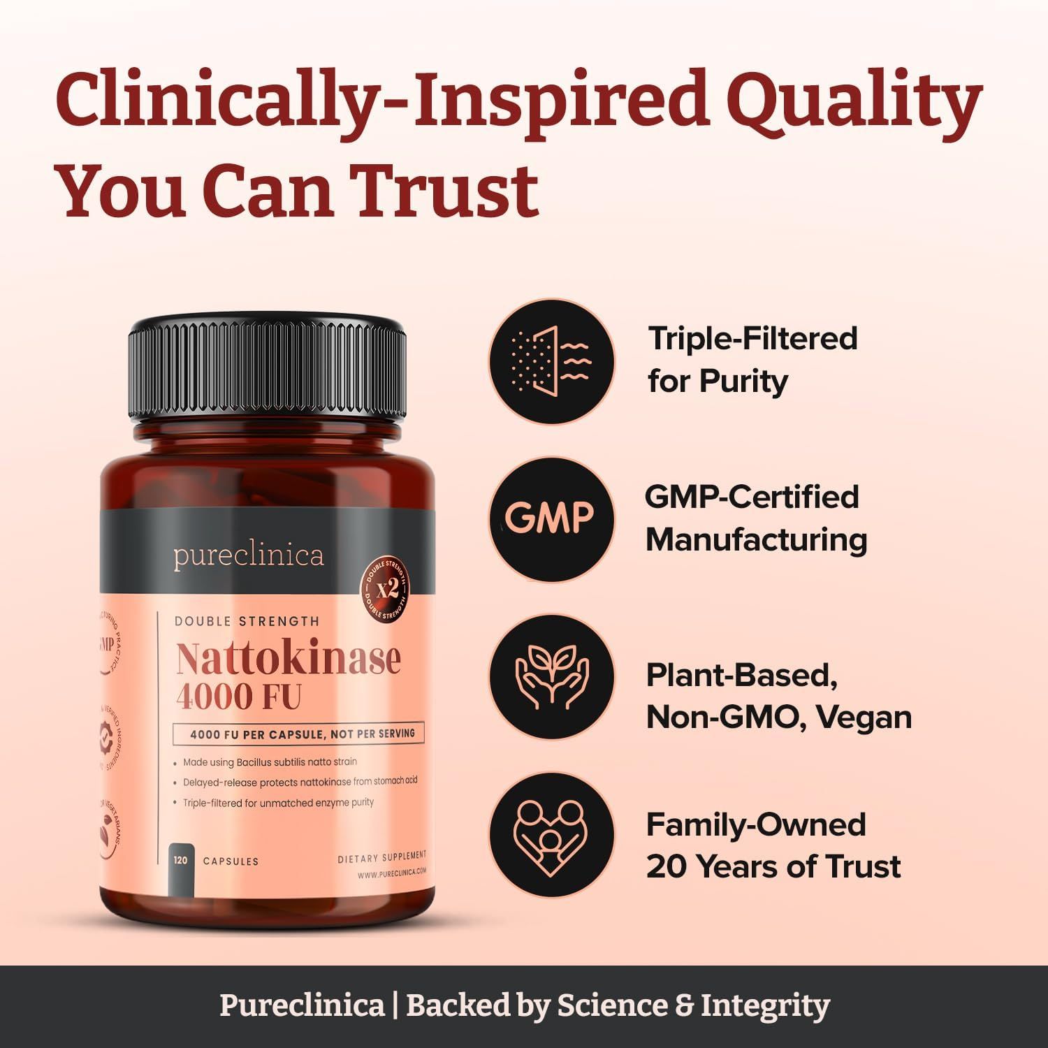 Braune Flasche mit Nattokinase-Kapseln. Mit GMP-Zertifizierung, vegan, und Informationen zur Herstellung. 120 Kapseln.