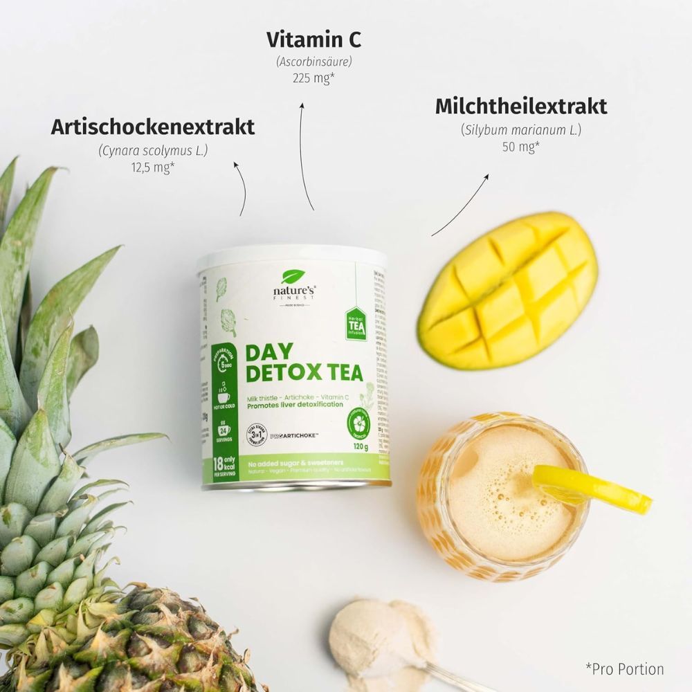 Produkt mit Mango, Ananas und Tee. Dose Nature's Finest Day Detox Tea. Zutaten: Vitamin C, Artischockenextrakt, Mariendistel.