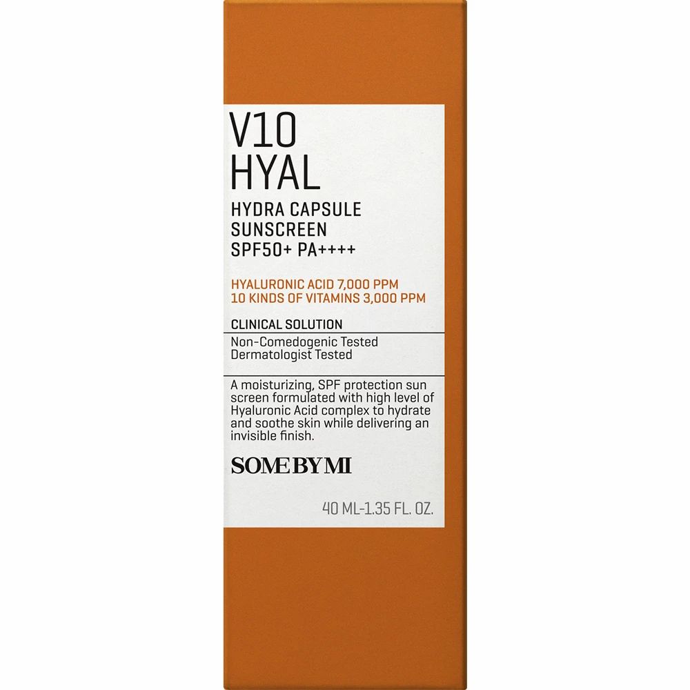 Produktverpackung. Aufschrift: SOME BY MI V10 Hyal Hydra Capsule Sunscreen SPF50+ PA++++. Text über Inhaltsstoffe und Anwendung.