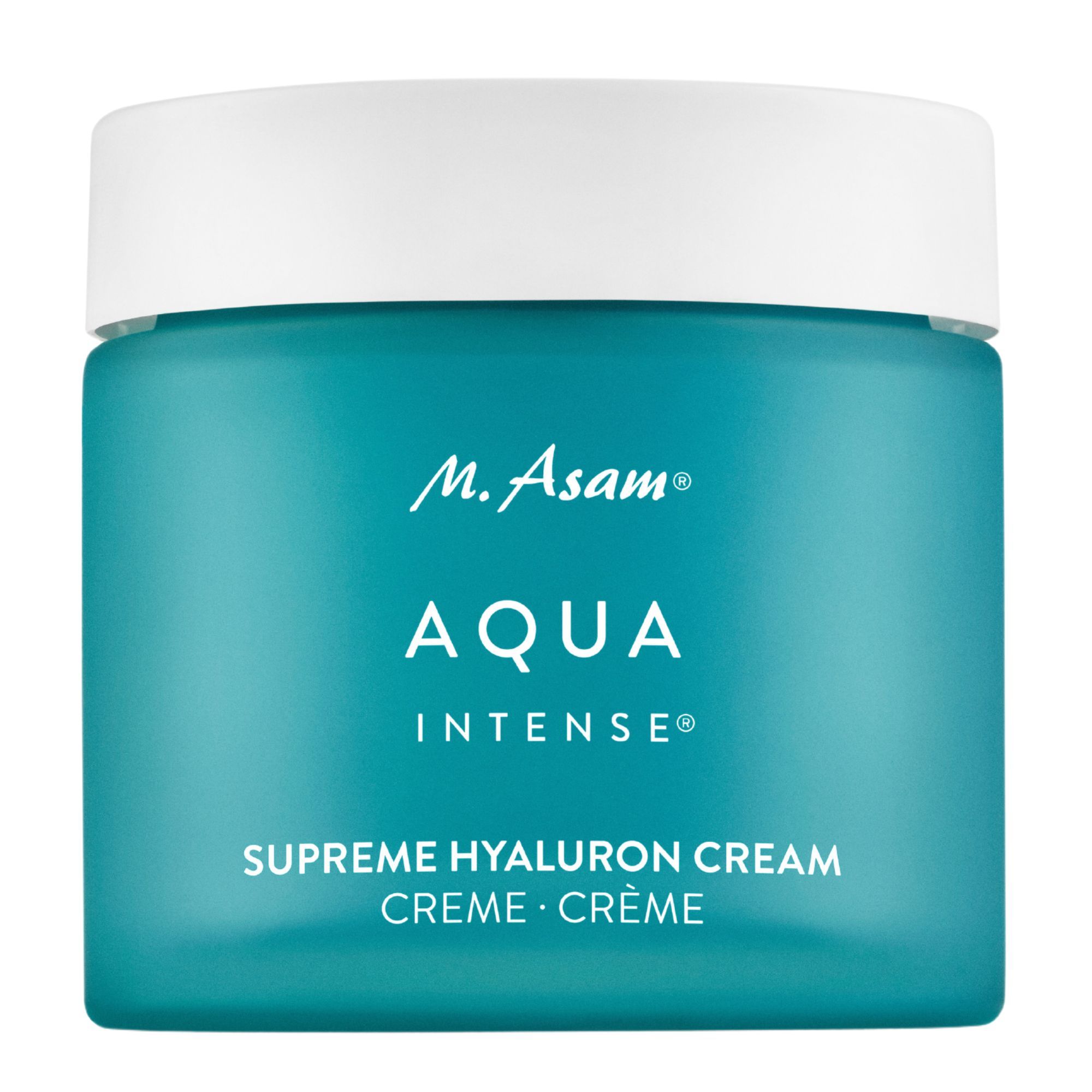 Türkisfarbene Creme in einem Glasbehälter mit weißem Deckel. Aufschrift: M. Asam Aqua Intense Supreme Hyaluron Cream.