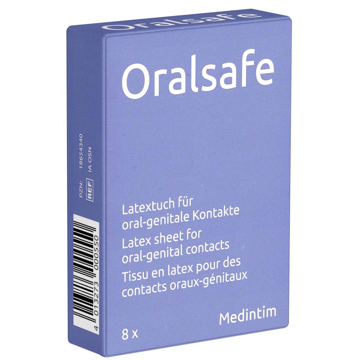 Schachtel mit Produktnamen "Oralsafe". Text: Latex-Tuch für oral-genitale Kontakte. 8 Stück. Marke: Medintim. Code und Barcode.