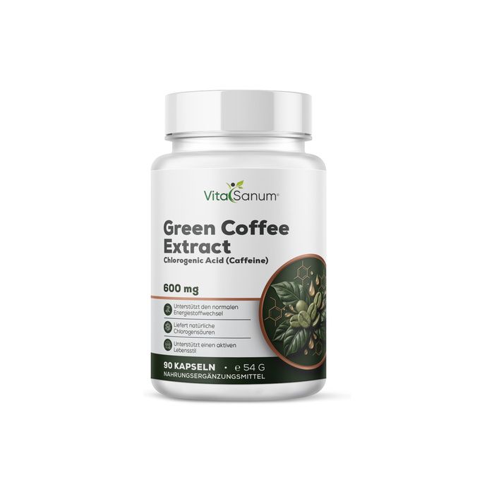 Vorderseite einer Flasche VitaSanum Grüner Kaffee Extrakt Kapseln, 600 mg. Mit Illustration von grünen Kaffeebohnen.
