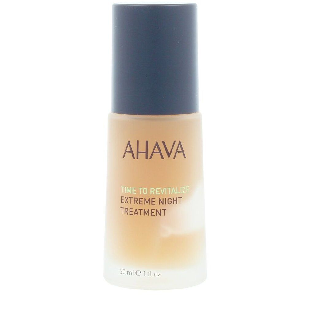 Ahava Time To Revitalize Extreme Night Treatment. Flasche. Braune Kappe, gelbliche Flüssigkeit. Text: reduziert Falten und strafft die Haut.