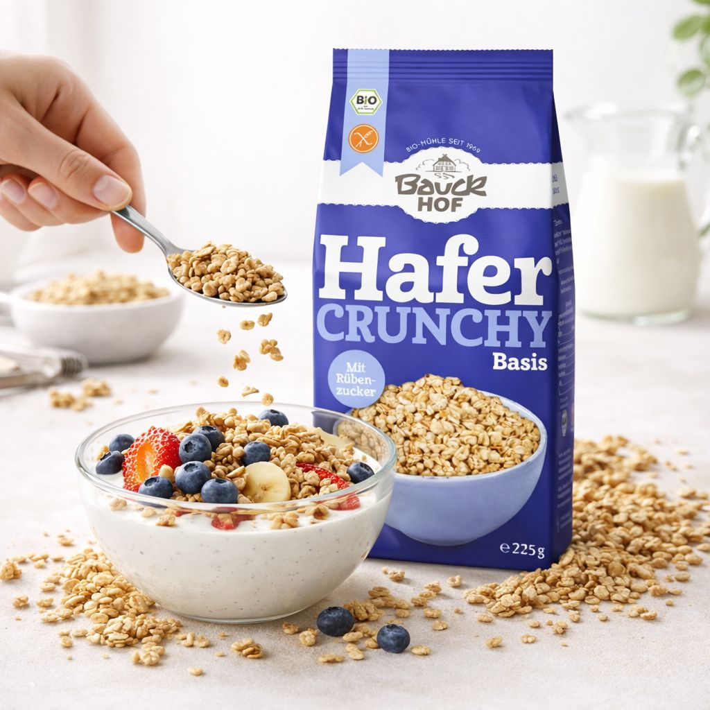 Bauckhof Hafer Crunchy Basis glutenfrei: Schale mit Joghurt, Früchten und Müsli, daneben eine Packung.